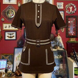 Vintage Chocolate Brown Tunic Sweater With White Icing Trim Belt 1950's to 1960